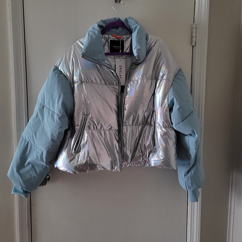 OROLAY Women's Crop Down Puffer Jacket - Metalic Silver & Blue (SIZE XL)